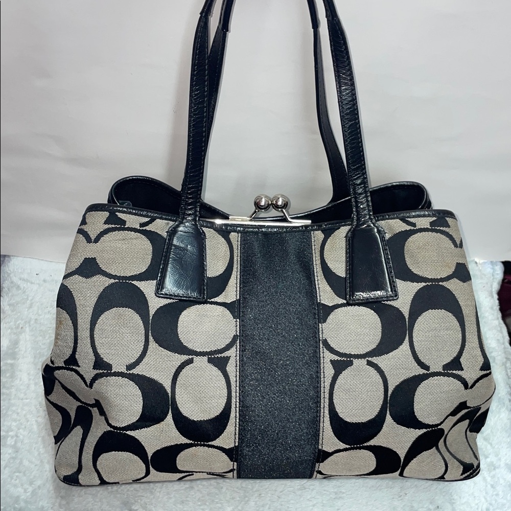 Coach Signature Stripe Framed Carryall Satchel - Picture 3 of 17